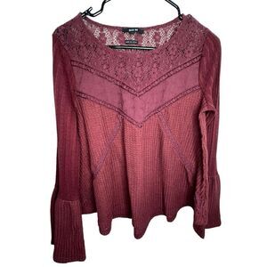 Miss Me Maroon Long Sleeve Thermal T-Shirt With Embroidered Flowers